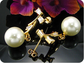 2x12mm White Fresh Water Pearl Topaz Gold Earrings