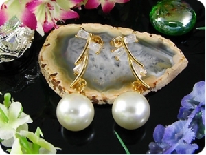 2x12mm White Fresh Water Pearl Topaz Gold Earrings