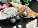 12mm Black Huge Pearl 9x4mm Topaz Pendant Earrings Set