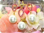 White Pearl 18x3mm Red Ruby Gold Pendant Earrings Set