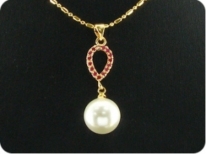 White Pearl 18x3mm Red Ruby Gold Pendant Earrings Set