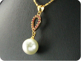 White Pearl 18x3mm Red Ruby Gold Pendant Earrings Set