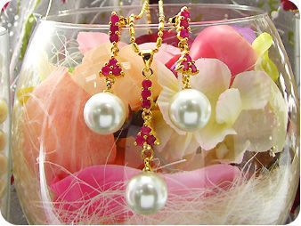 White Pearl 18x3mm Red Ruby Pendant Earrings Set