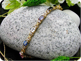 Elegant 9x7mm Multicolor Gems Stone Gold Bracelet