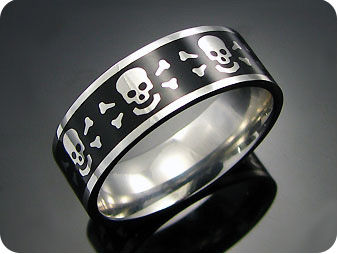 Stainless Steel Skeleton Skull Carving Black Men Ring