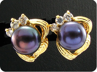 3x8mm Black Pearl Topaz Gold Pendant Earrings Set