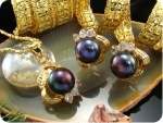 3x8mm Black Pearl Topaz Gold Pendant Earrings Set