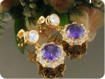3x12mm Purple Amethyst Topaz Gold Pendant Earrings Set