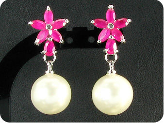 12mm Pearl 18x5mm Red Ruby Pendant Earrings Set