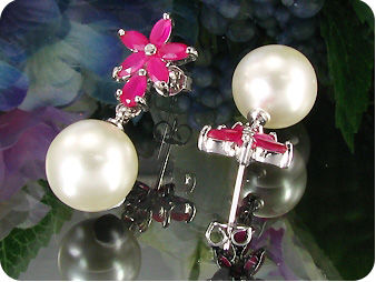 12mm Pearl 18x5mm Red Ruby Pendant Earrings Set