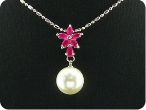 12mm Pearl 18x5mm Red Ruby Pendant Earrings Set