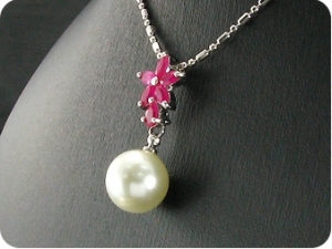 12mm Pearl 18x5mm Red Ruby Pendant Earrings Set