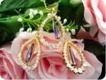 3 x 17mm Purple Amethysts Gold Pendant Earrings Set