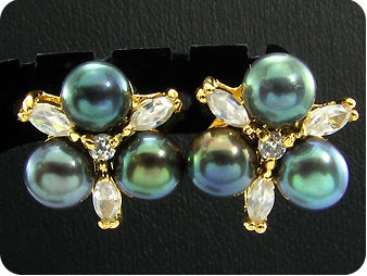 9x6mm Black Pearl Topaz Gold Pendant Earrings Set