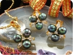 9x6mm Black Pearl Topaz Gold Pendant Earrings Set