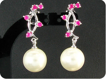 12mm White Pearl 15x2mm Red Ruby Pendant Earrings Set