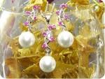 12mm White Pearl 15x2mm Red Ruby Pendant Earrings Set