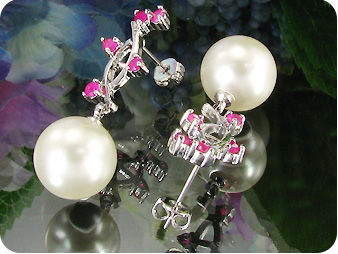 12mm White Pearl 15x2mm Red Ruby Pendant Earrings Set
