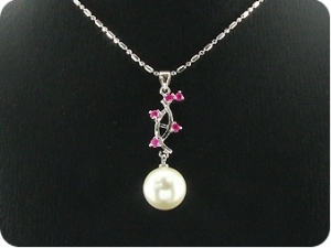 12mm White Pearl 15x2mm Red Ruby Pendant Earrings Set