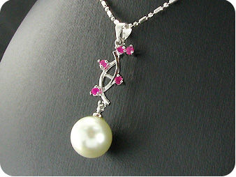 12mm White Pearl 15x2mm Red Ruby Pendant Earrings Set