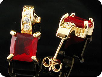 2 x 8mm Red Rubies Princess Cut Gold Earrings