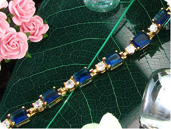 11x9mm Royal Blue Sapphire White Topaz Gold Bracelet