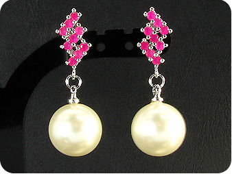 3x12mm White Pearl 27x3mm Red Ruby Pendant Earrings Set