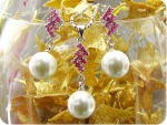 3x12mm White Pearl 27x3mm Red Ruby Pendant Earrings Set