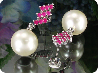 3x12mm White Pearl 27x3mm Red Ruby Pendant Earrings Set