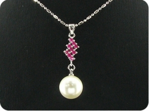 3x12mm White Pearl 27x3mm Red Ruby Pendant Earrings Set