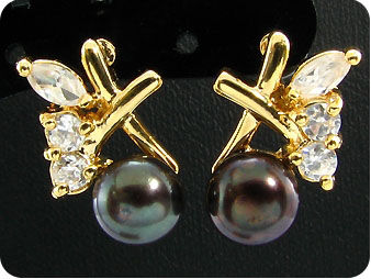 3x9mm Black Pearl Topaz Gold Pendant Earrings Set