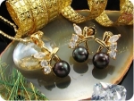 3x9mm Black Pearl Topaz Gold Pendant Earrings Set