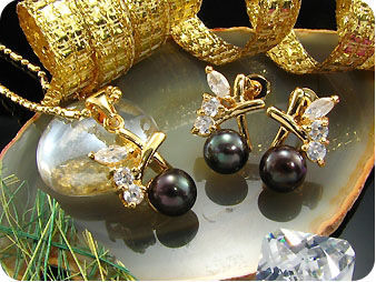 3x9mm Black Pearl Topaz Gold Pendant Earrings Set
