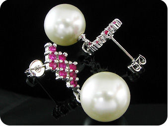 2x12mm White Fresh Water Huge Pearl Red Ruby Earrings