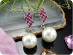 2x12mm White Fresh Water Huge Pearl Red Ruby Earrings