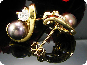 2x8mm Black Fresh Water Pearl Topaz Gold Earrings