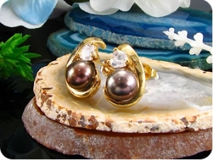 2x8mm Black Fresh Water Pearl Topaz Gold Earrings