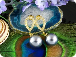 2x12mm Black Fresh Water Pearl Topaz Gold Earrings