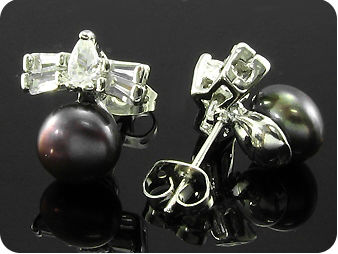 2x9mm Black Fresh Water Pearl White Topaz Earrings