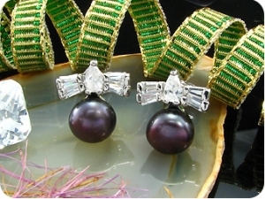 2x9mm Black Fresh Water Pearl White Topaz Earrings