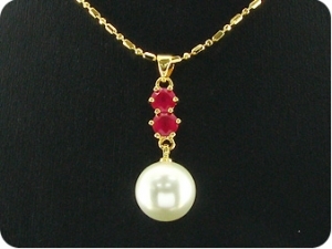 White Pearl 6x5mm Red Ruby Gold Pendant Earrings Set