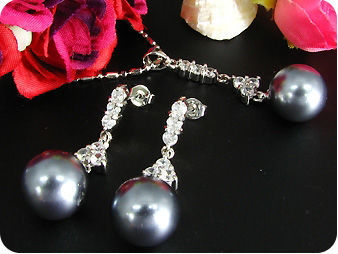 12mm Black Huge Pearl 18x3mm Topaz Pendant Earrings Set