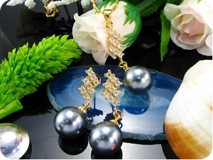 12mm Black Huge Pearl Topaz Gold Pendant Earrings Set