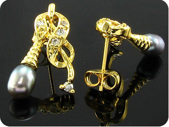 2x7mm Black Fresh Water Pearl Topaz Oval Gold Earrings