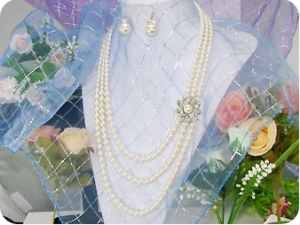 264x14~6mm White Pure Pearl 3~row Necklace Earrings Set