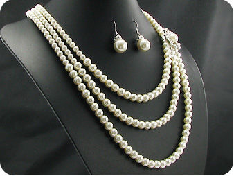 264x14~6mm White Pure Pearl 3~row Necklace Earrings Set