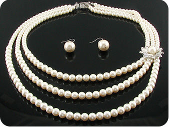 264x14~6mm White Pure Pearl 3~row Necklace Earrings Set