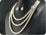 264x14~6mm White Pure Pearl 3~row Necklace Earrings Set