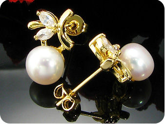 2x8mm White Fresh Water Pearl Topaz Gold Earrings