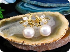 2x8mm White Fresh Water Pearl Topaz Gold Earrings